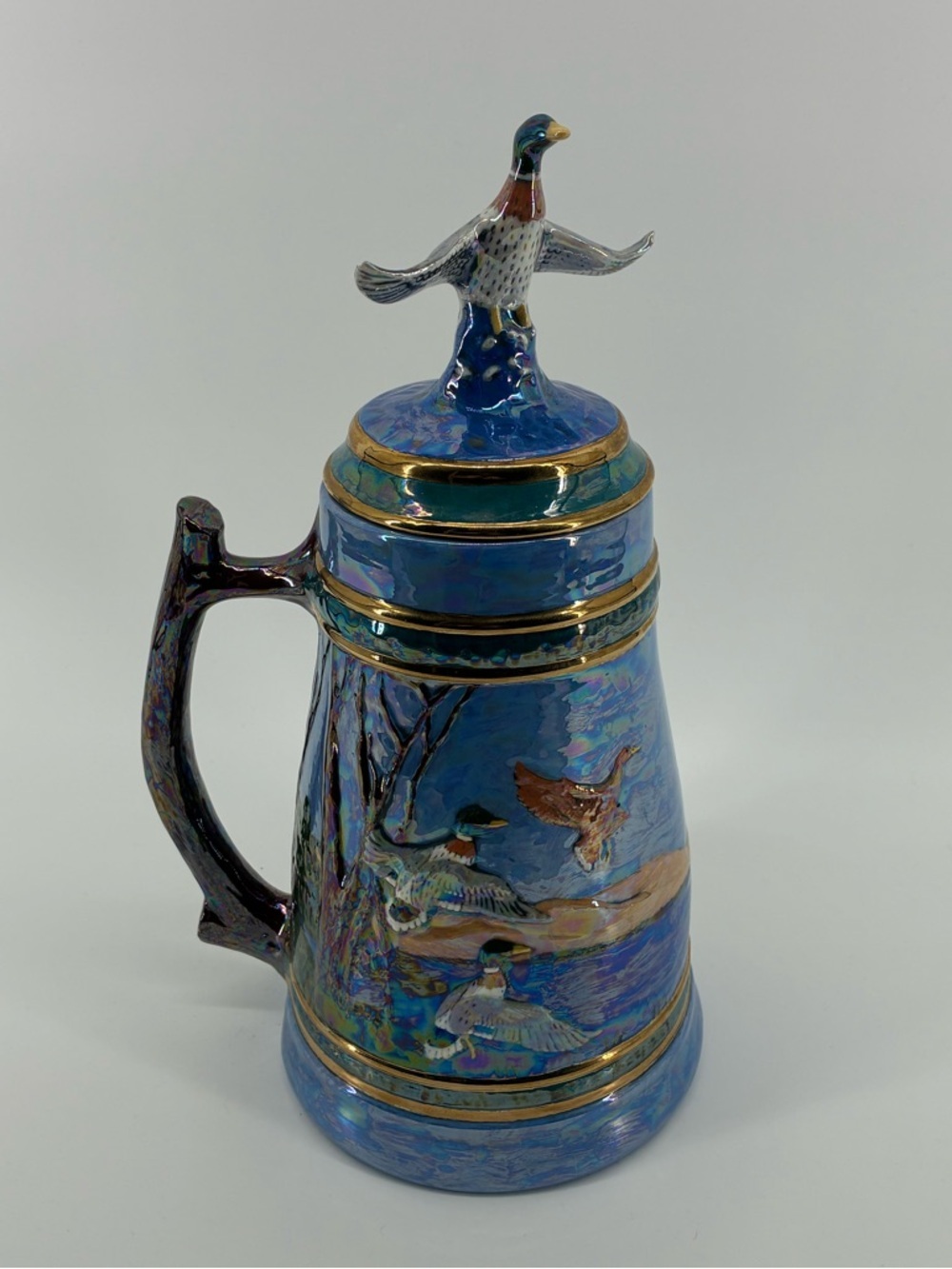 Blue Ceramic Beer Stein with Duck Finial Mallard Handmade